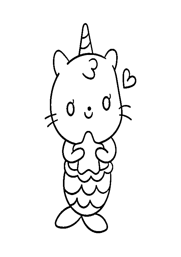 Dibujo de unicornio kawaii gatito sirena con estrella de mar para imprimir y colorear