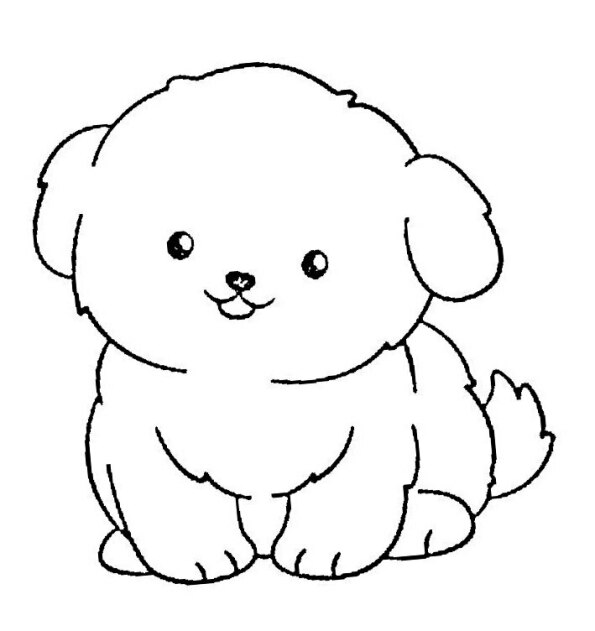 Dibujos kawaii para colorear. Dibujo de un monísimo perrito peludo kawaii en blanco y negro listo para colorear.