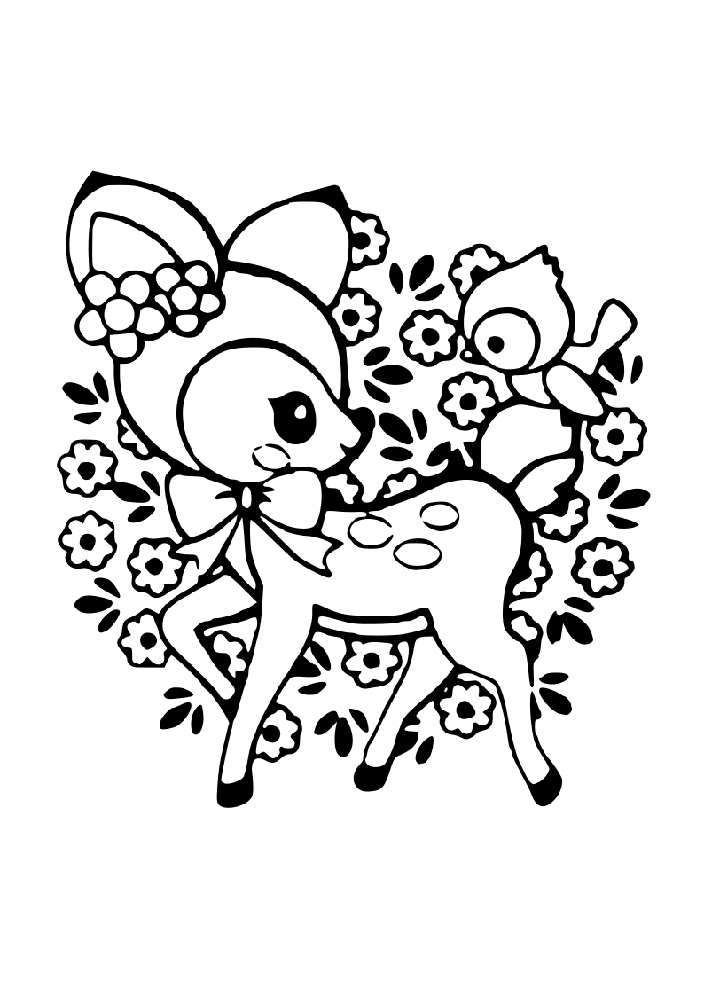 Dibujo de cervatillo y pajaro kawaii para imprimir y colorear