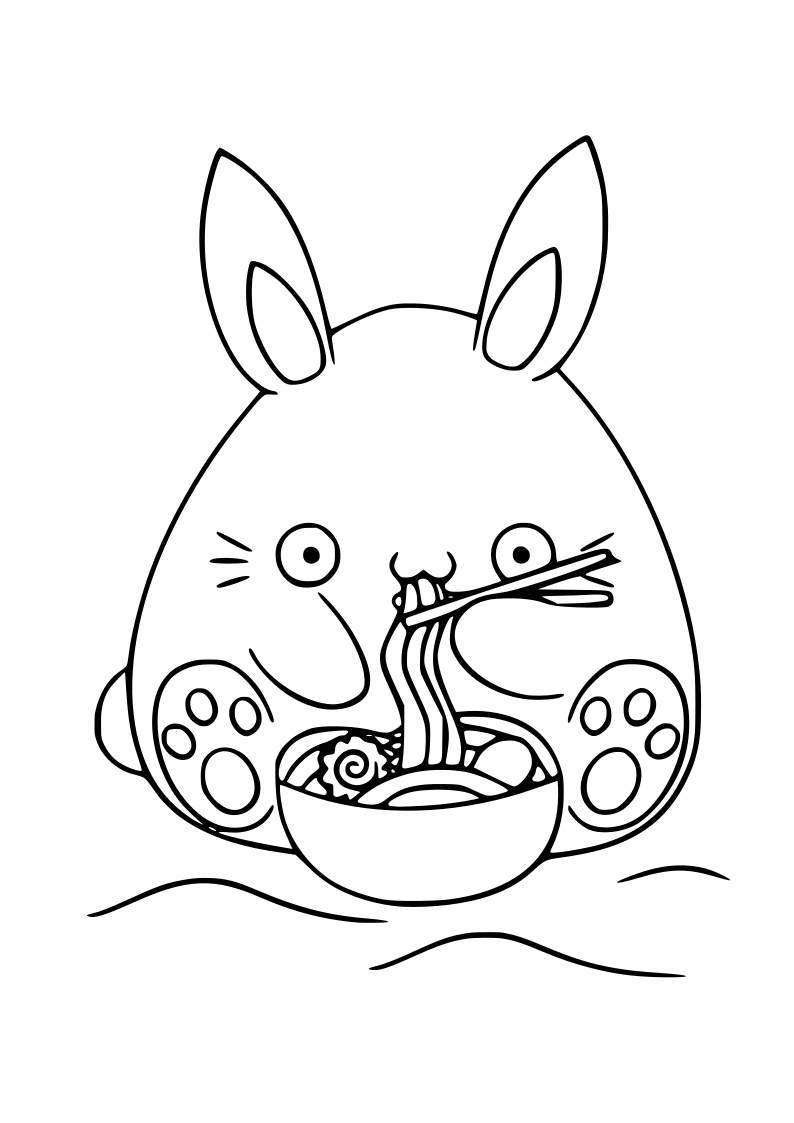 Dibujo de conejito comiendo pasta kawaii para imprimir y colorear