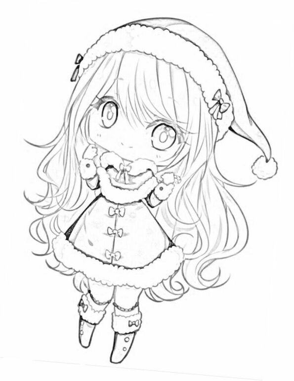 Dibujo chica anime Kawaii para colorear, vestida de mamá Noel