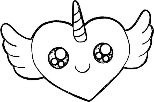 Dibujo de corazón Kawaii con alas y unicornio para colorear e imprimir