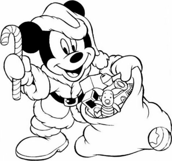 Dibujo de Navidad para colorear de Mickey vestido de Santa Claus con saco de regalos