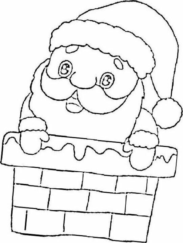 Dibujo de Navidad para colorear de Santa Claus Kawaii saliendo de chimenea