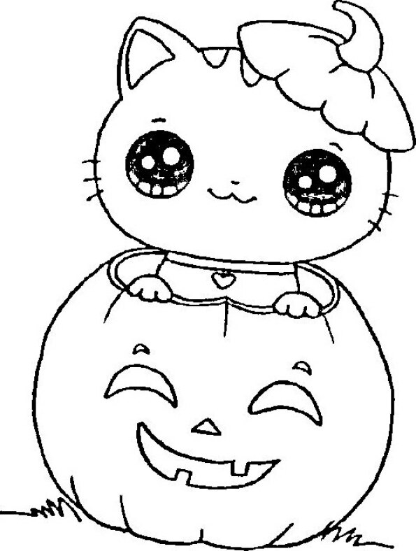 Dibujo Kawaii para colorear de calabaza Halloween con gatita en su interior