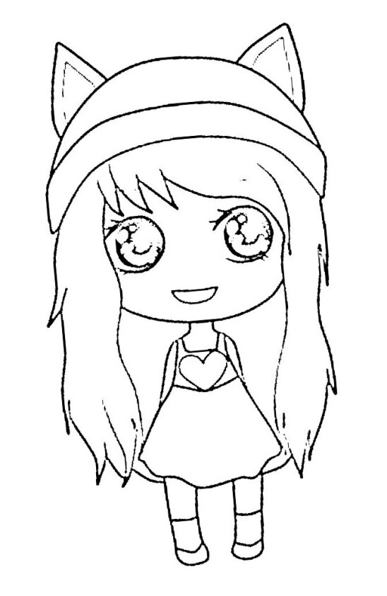 Dibujo Kawaii para colorear de chica anime con decoración de corazón en vestido