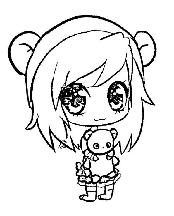 Dibujo Kawaii para colorear de chica anime con osito panda