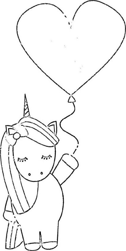 Dibujo Kawaii para colorear de chica unicornio con globo en forma de corazón