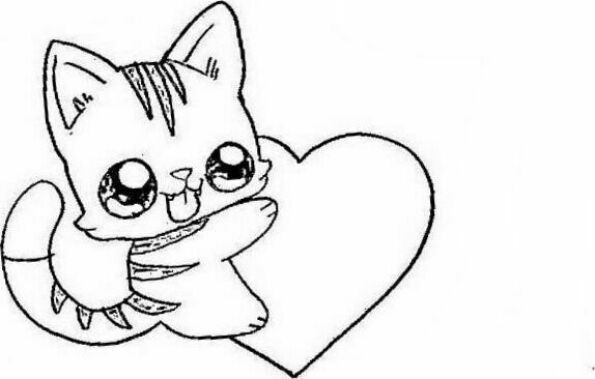 Dibujo Kawaii para colorear de gatito con corazón