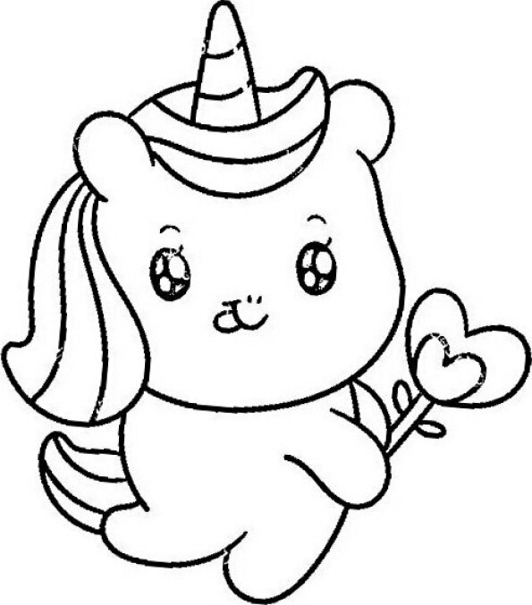 Dibujo Kawaii para colorear de unicornio con flor en forma de corazón