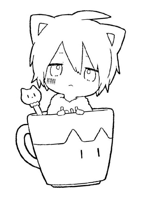 Dibujo para colorear de chica anime Kawaii dentro de taza