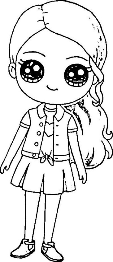 Dibujo para colorear de chica Kawaii con chaleco vaquero y minifalda