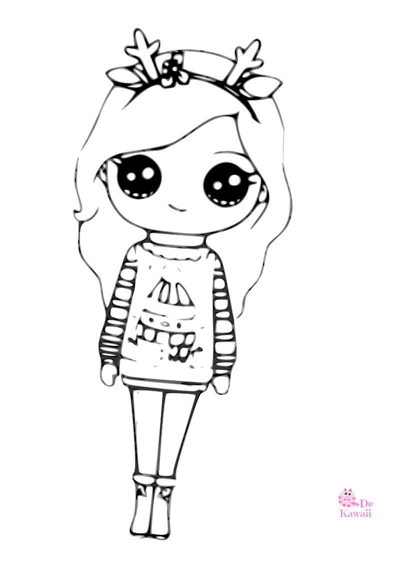 Dibujo para colorear de chica Kawaii con diadema y jersey de navidad