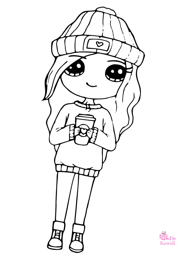 Dibujo para colorear de chica Kawaii con gorro