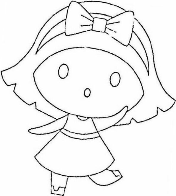 Dibujo para colorear de chica Kawaii con lazito en pelo y vestido corto