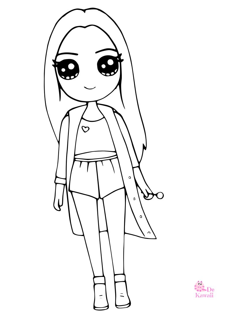 Dibujo para colorear de chica Kawaii en batín y pijama