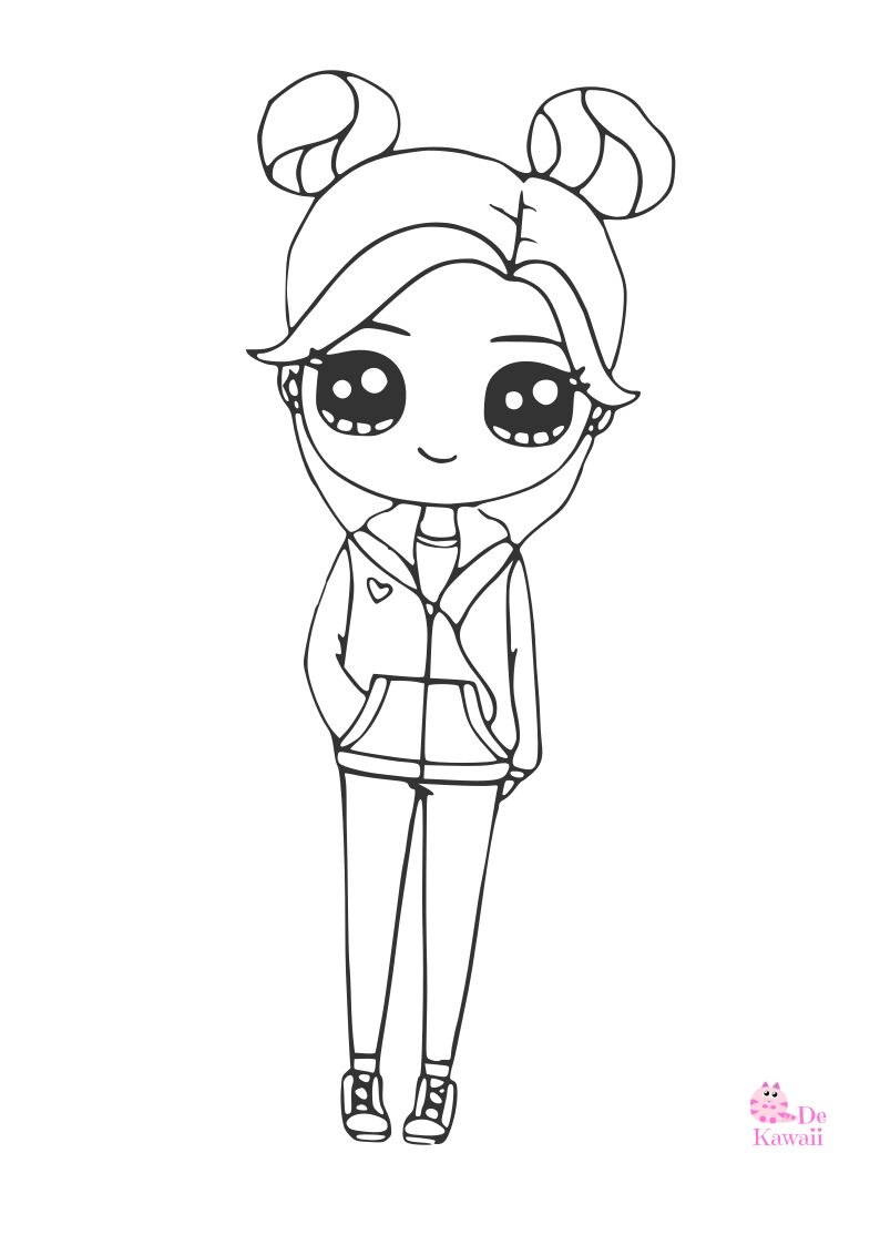 Dibujo para colorear de chica Kawaii en chándal y cascos de música