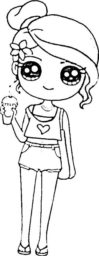 Dibujo para colorear de chica Kawaii vestida de corto y con batido en la mano