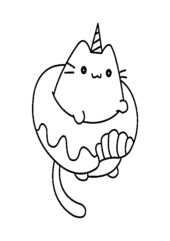 Dibujo de unicornio kawaii gato dentro de rosquilla  para imprimir y colorear