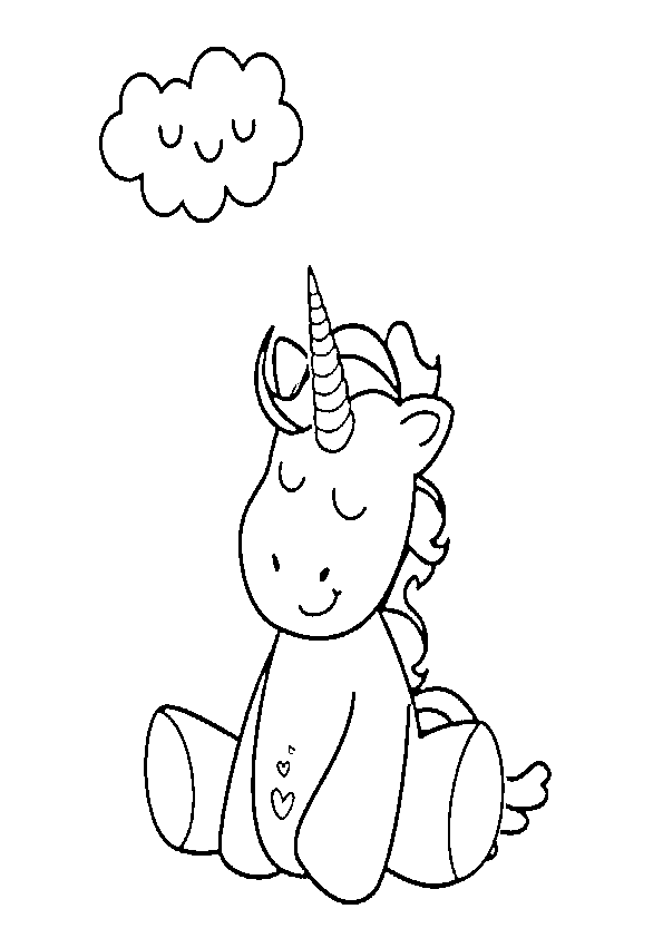 Dibujo de unicornio kawaii pensativo con nube para imprimir y colorear