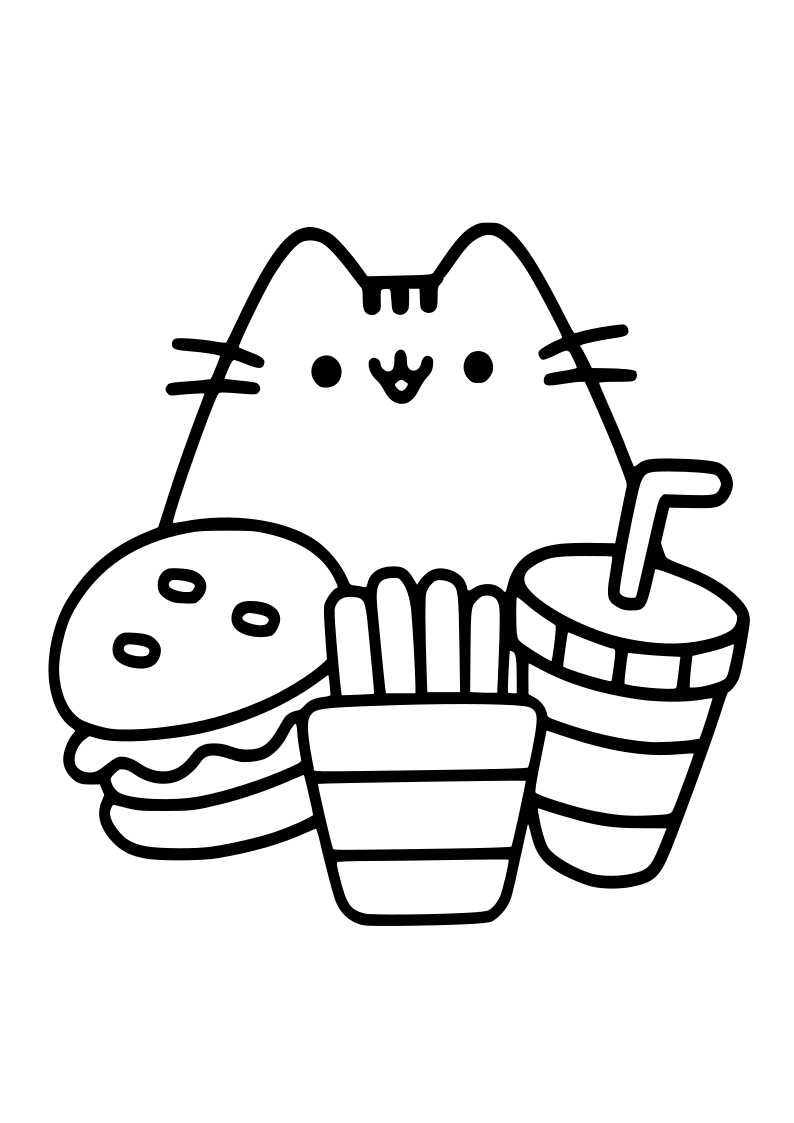 Dibujo de gato con hamburguesa patatas y refresco kawaii para imprimir y colorear