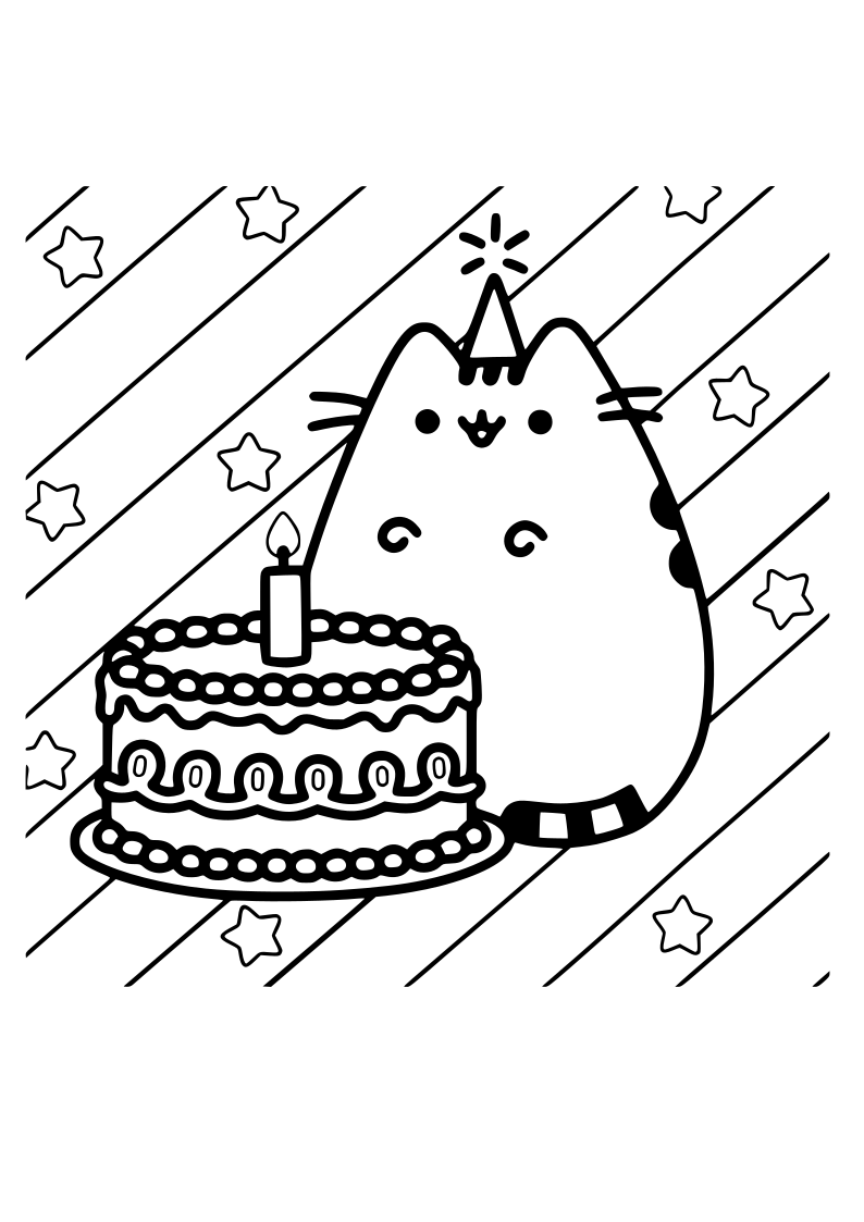 Dibujo de gato tarta kawaii para imprimir y colorear