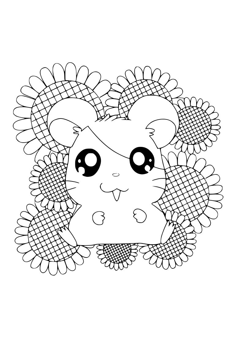 Dibujo de ratita con girasoles kawaii para imprimir y colorear