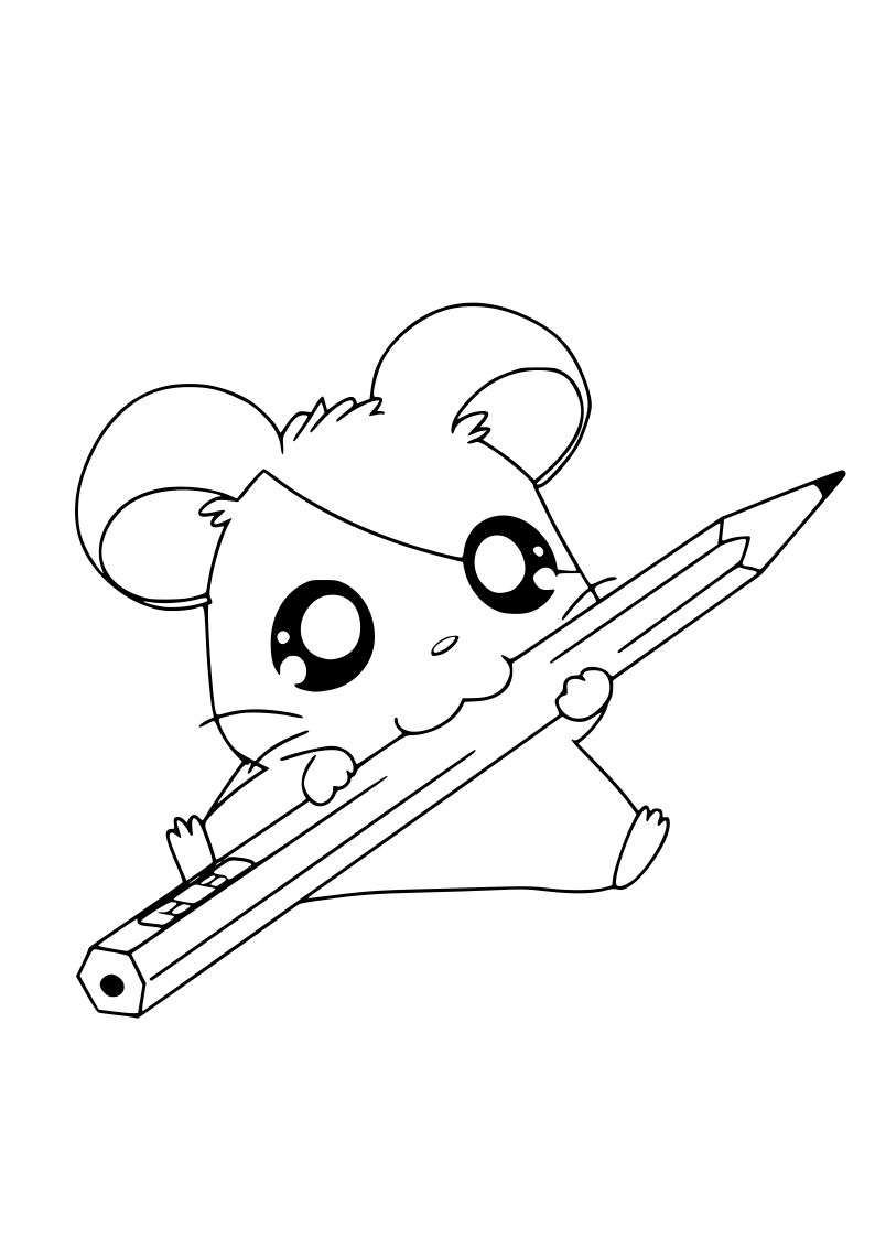 Dibujo de ratita mordiendo lápiz kawaii para imprimir y colorear