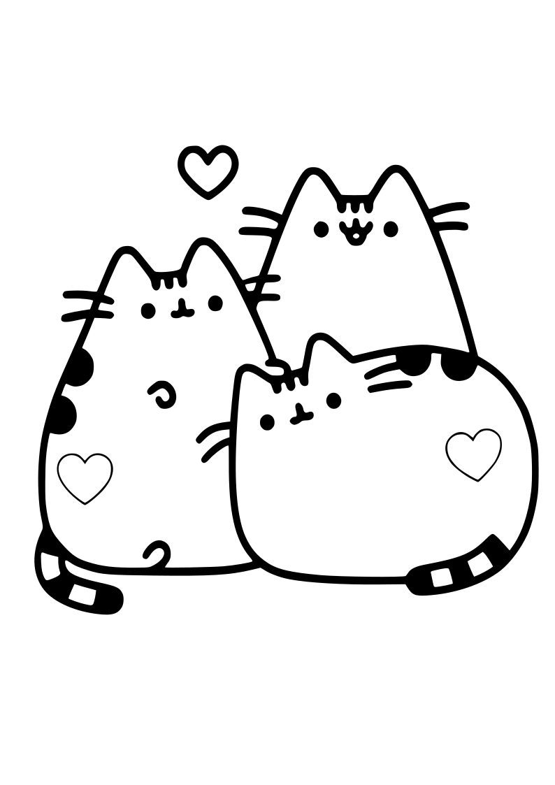 Dibujo de tres gatos corazones kawaii para imprimir y colorear