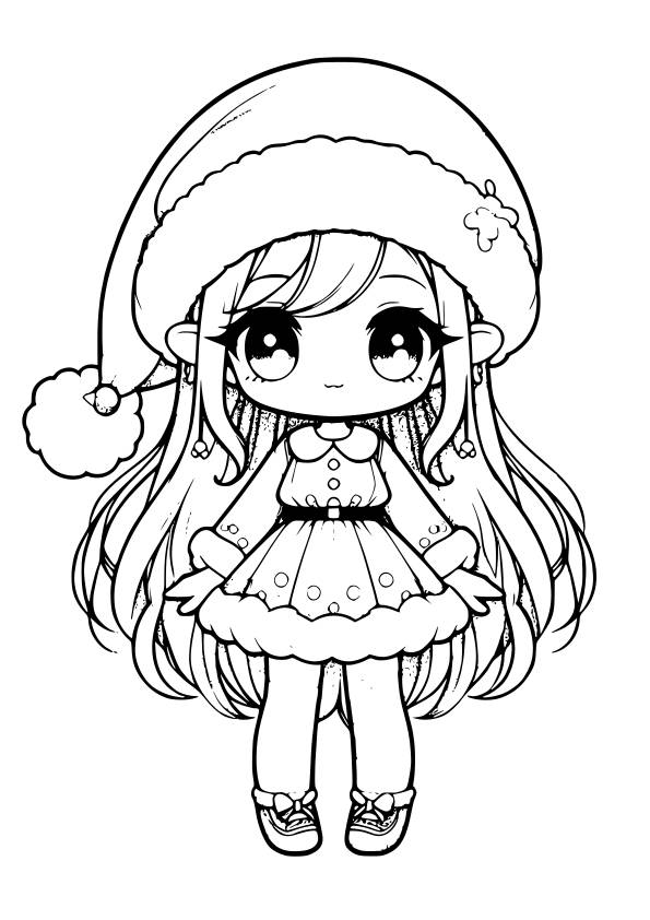 Dibujo kawaii para colorear de elfa de Navidad