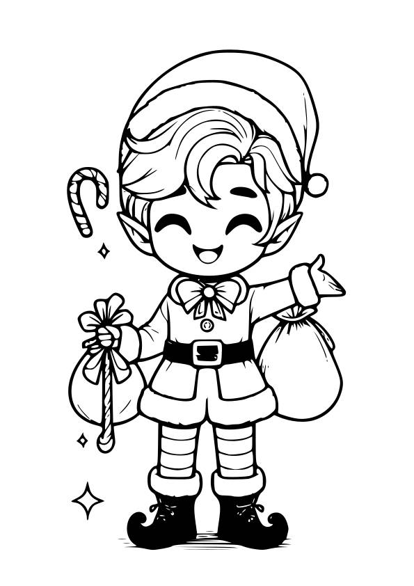 Dibujo kawaii para colorear de elfo de Navidad 4