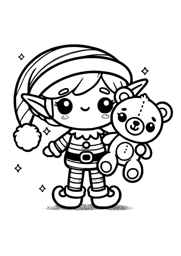 Dibujo kawaii para colorear de elfo de Navidad con osito