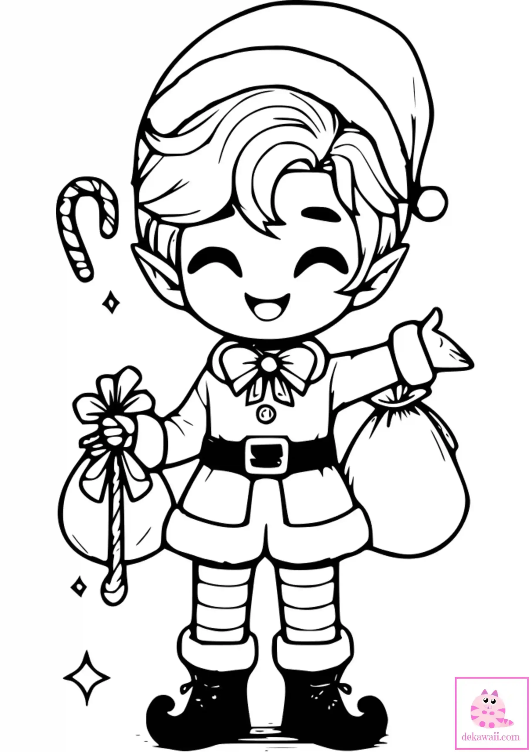 Dibujo kawaii para colorear de elfo de Navidad 4