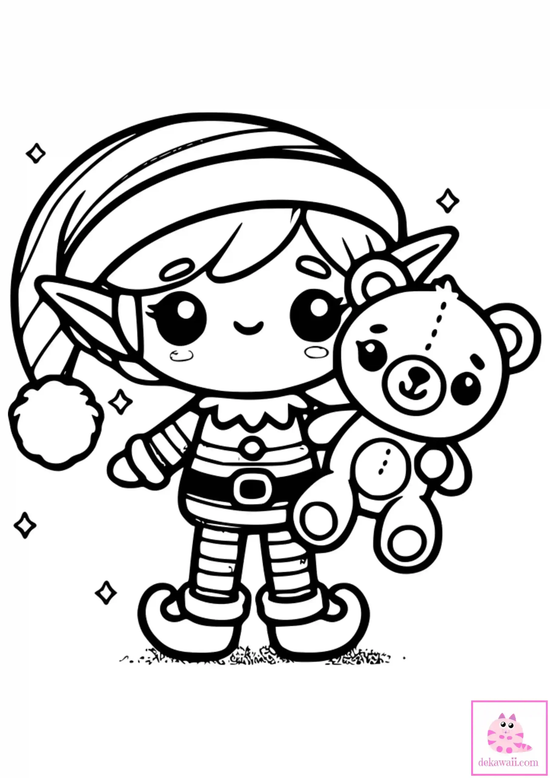 Dibujo kawaii para colorear de elfo de Navidad con osito