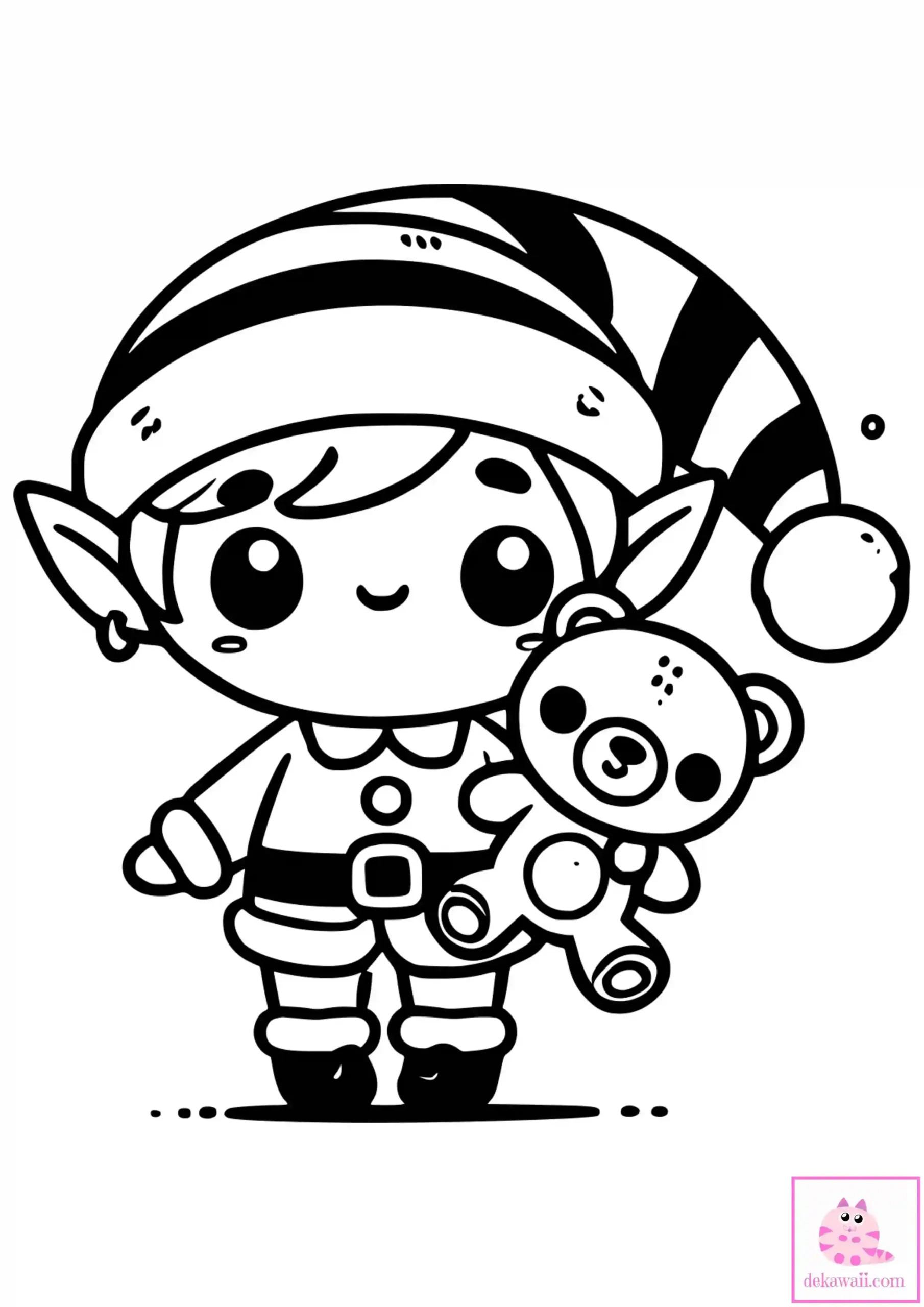 Dibujo de Navidad para colorear de elfo Kawaii con osito de peluche