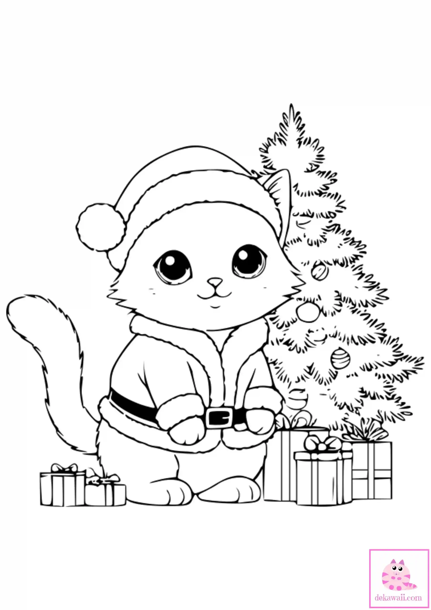 Dibujo de Navidad para colorear de gatito Kawaii con árbol de Navidad