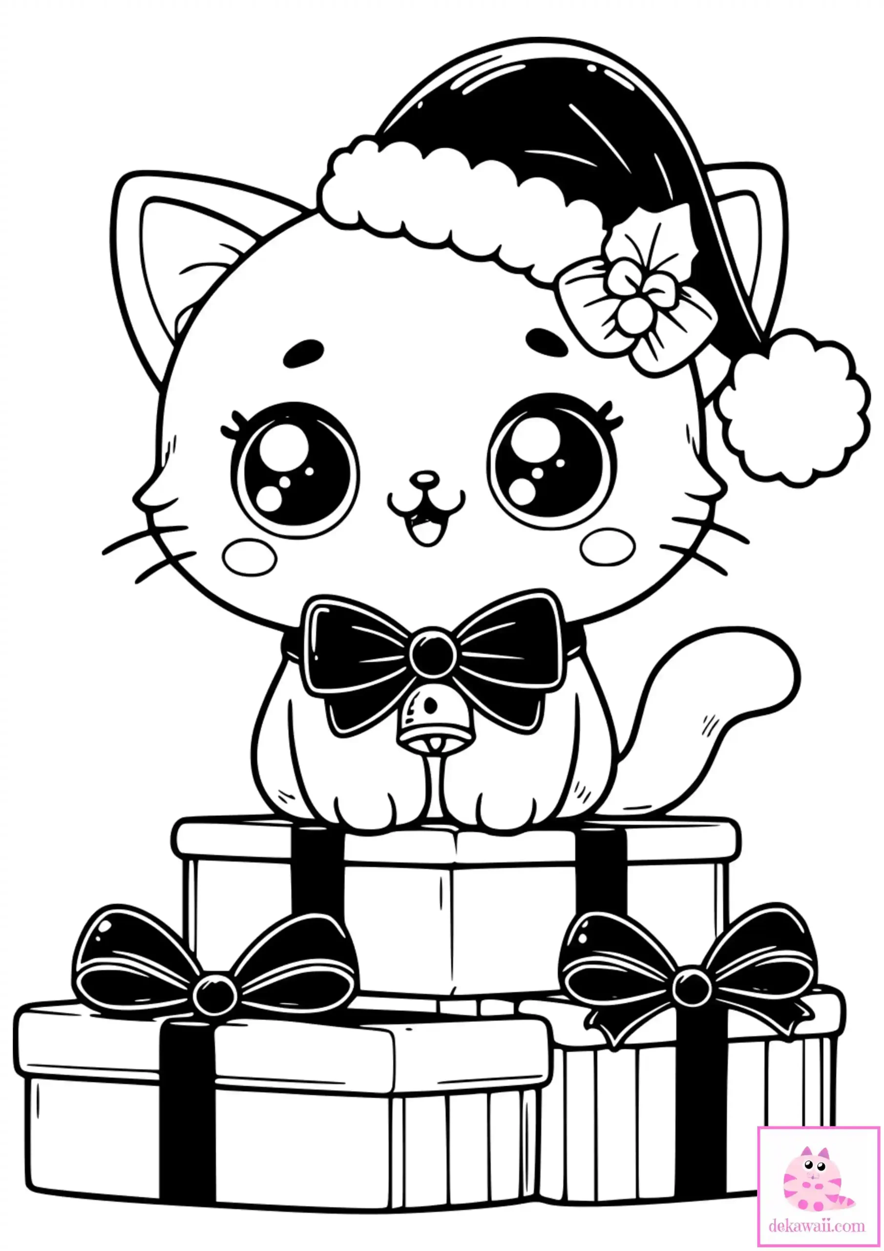 Dibujo de Navidad para colorear de gatito Kawaii con caja de regalos