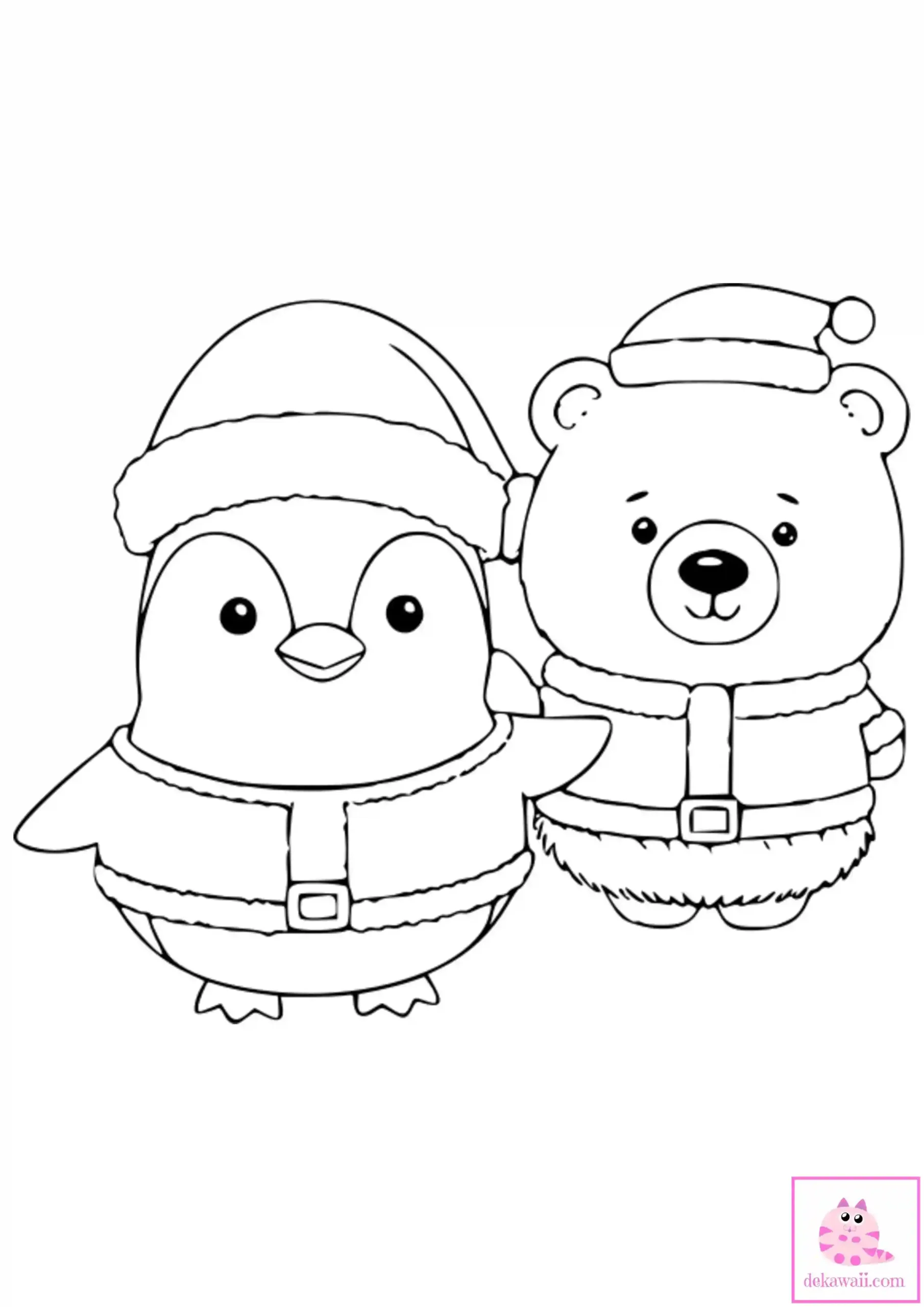 Dibujo de Navidad para colorear de osito y pingüino Kawaii