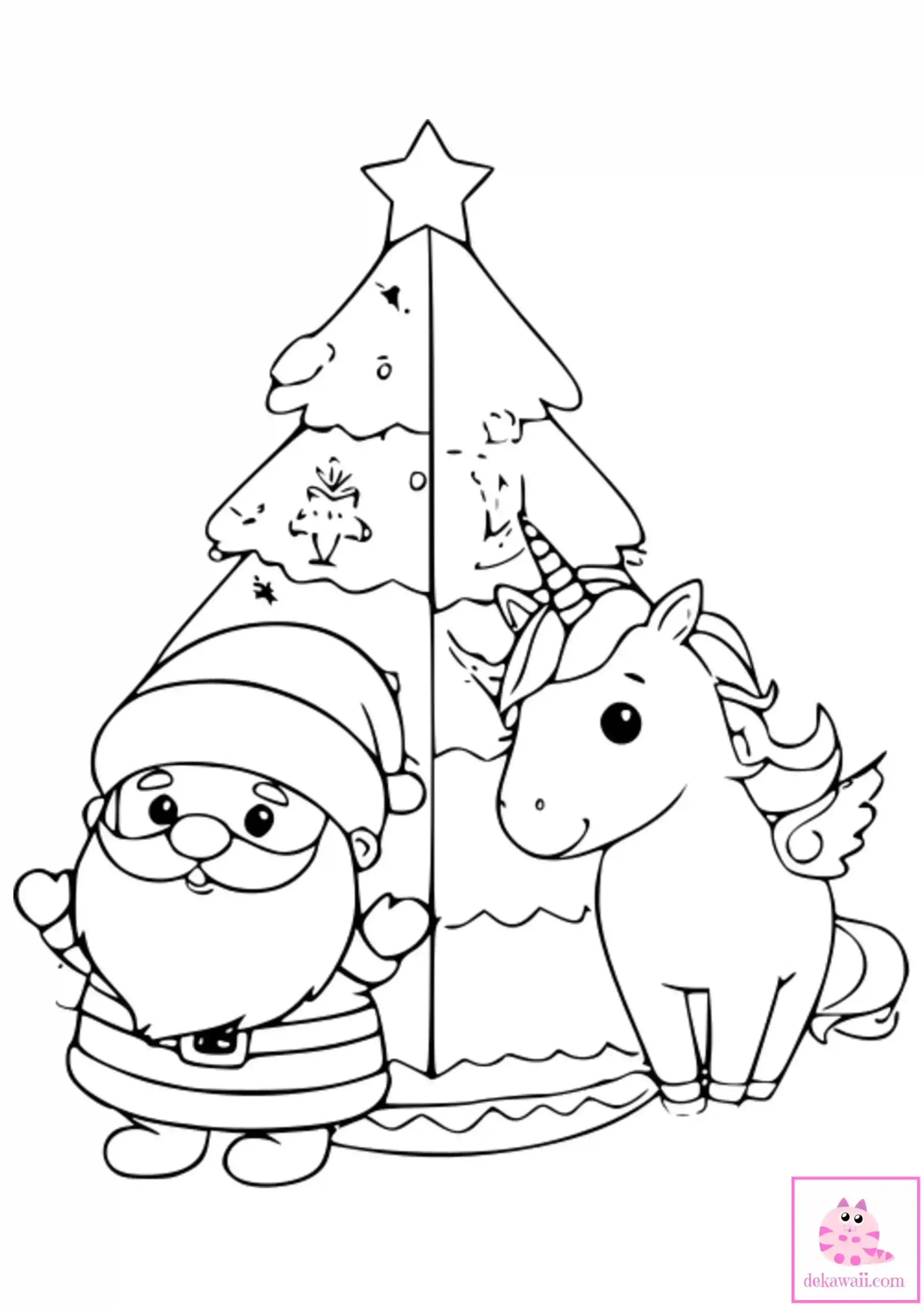 Dibujo de Navidad para colorear de papá Noel con árbol de Navidad unicornio Kawaii