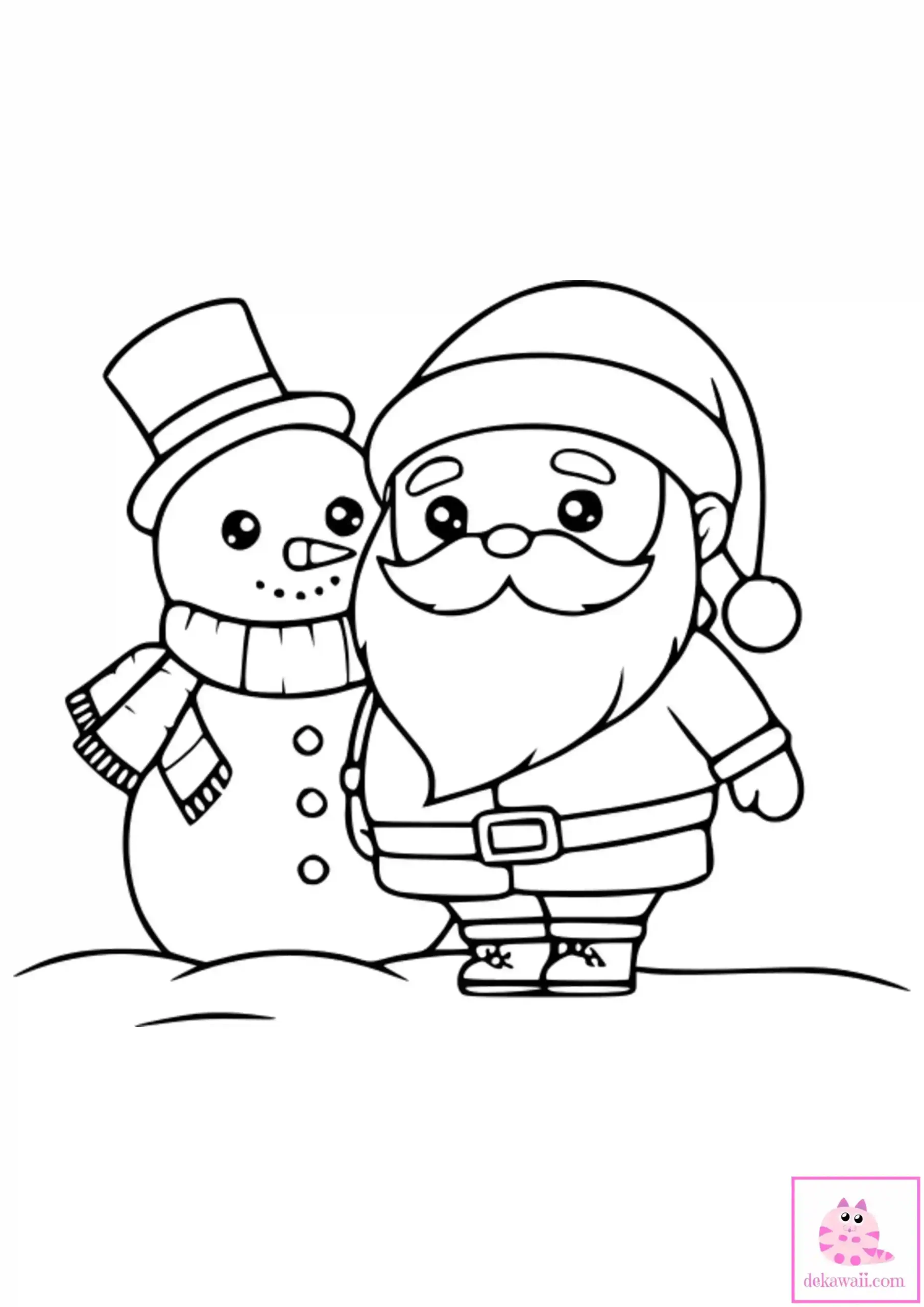 Dibujo de Navidad para colorear de papá Noel y muñeco de nieve Kawaii 2