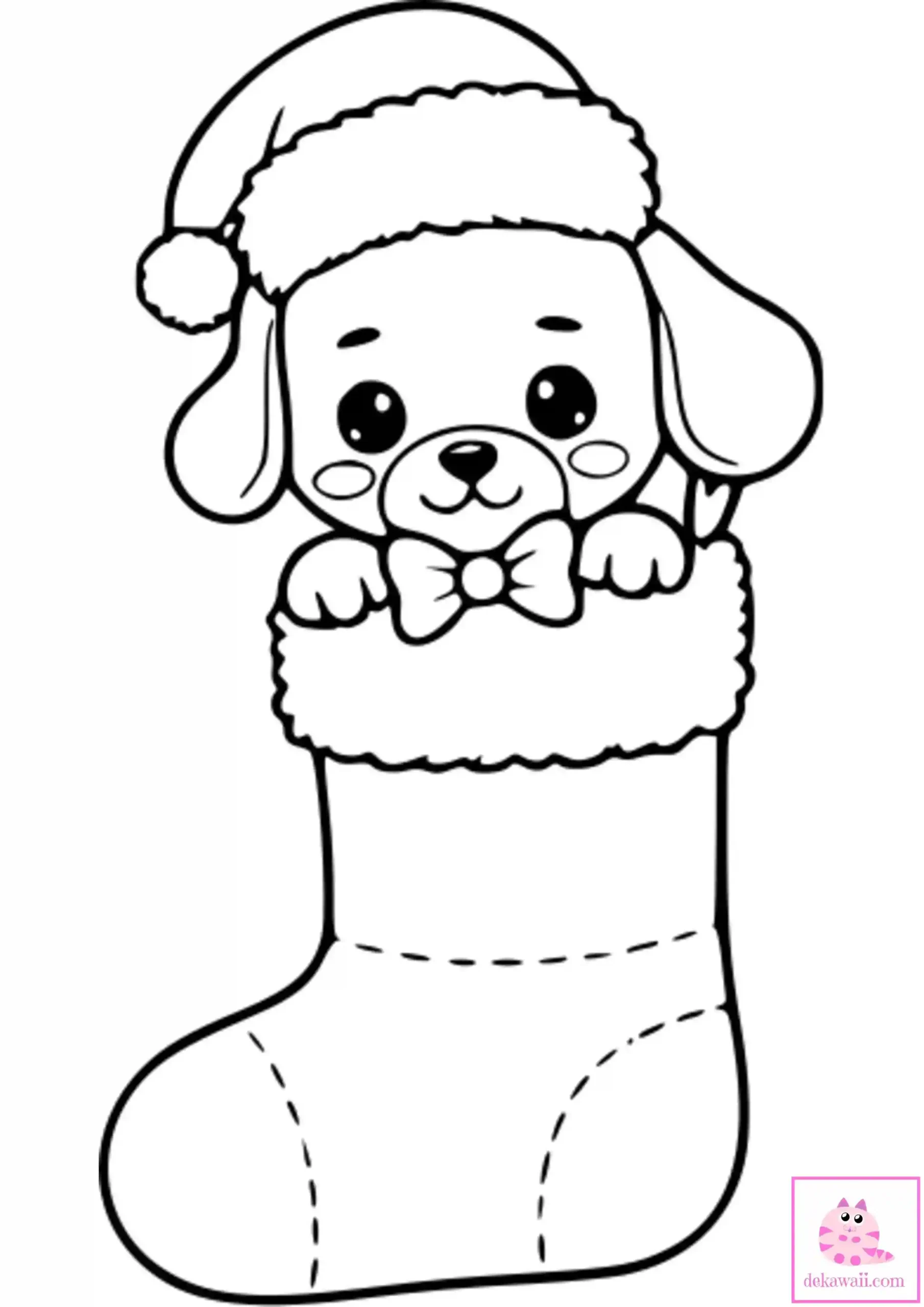 Dibujo de Navidad para colorear de perrito dentro de calcetín Kawaii