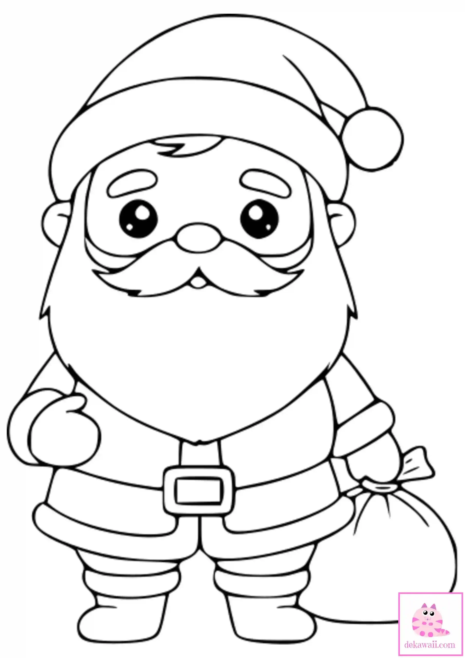 Dibujo de Navidad para colorear de Santa Claus Kawaii con bolsa de regalos pequeña