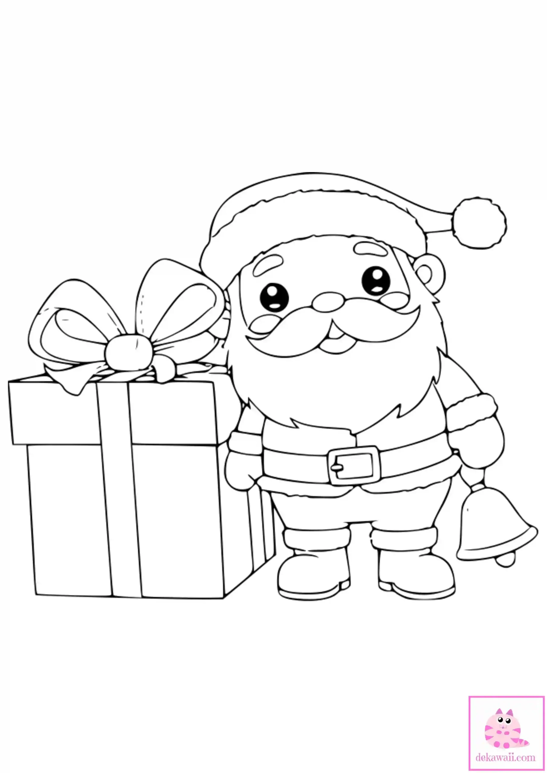 Dibujo de Navidad para colorear de Santa Claus Kawaii con caja grande de regalo