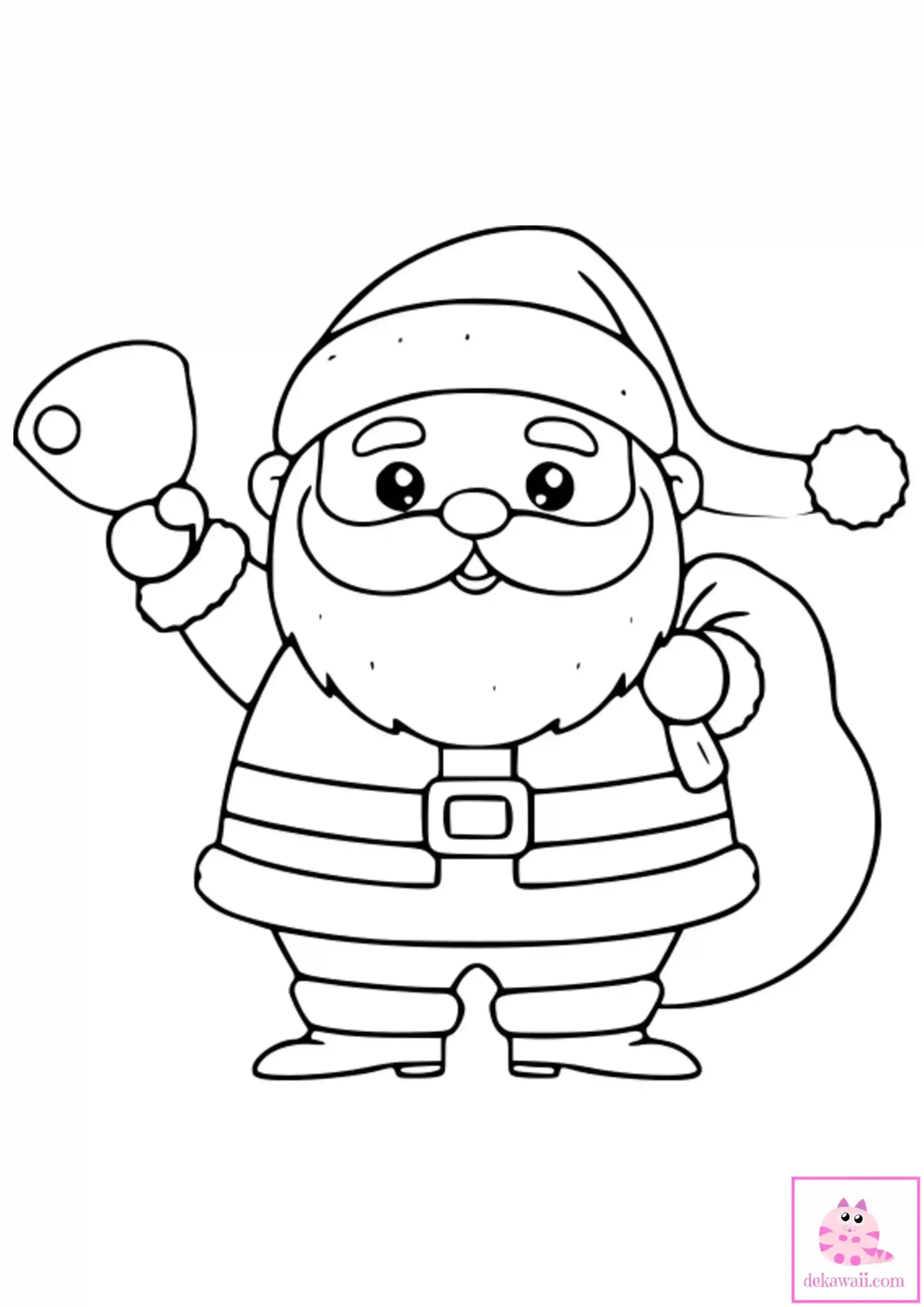 Dibujo de Navidad para colorear de Santa Claus Kawaii con saco de regalos y campanita