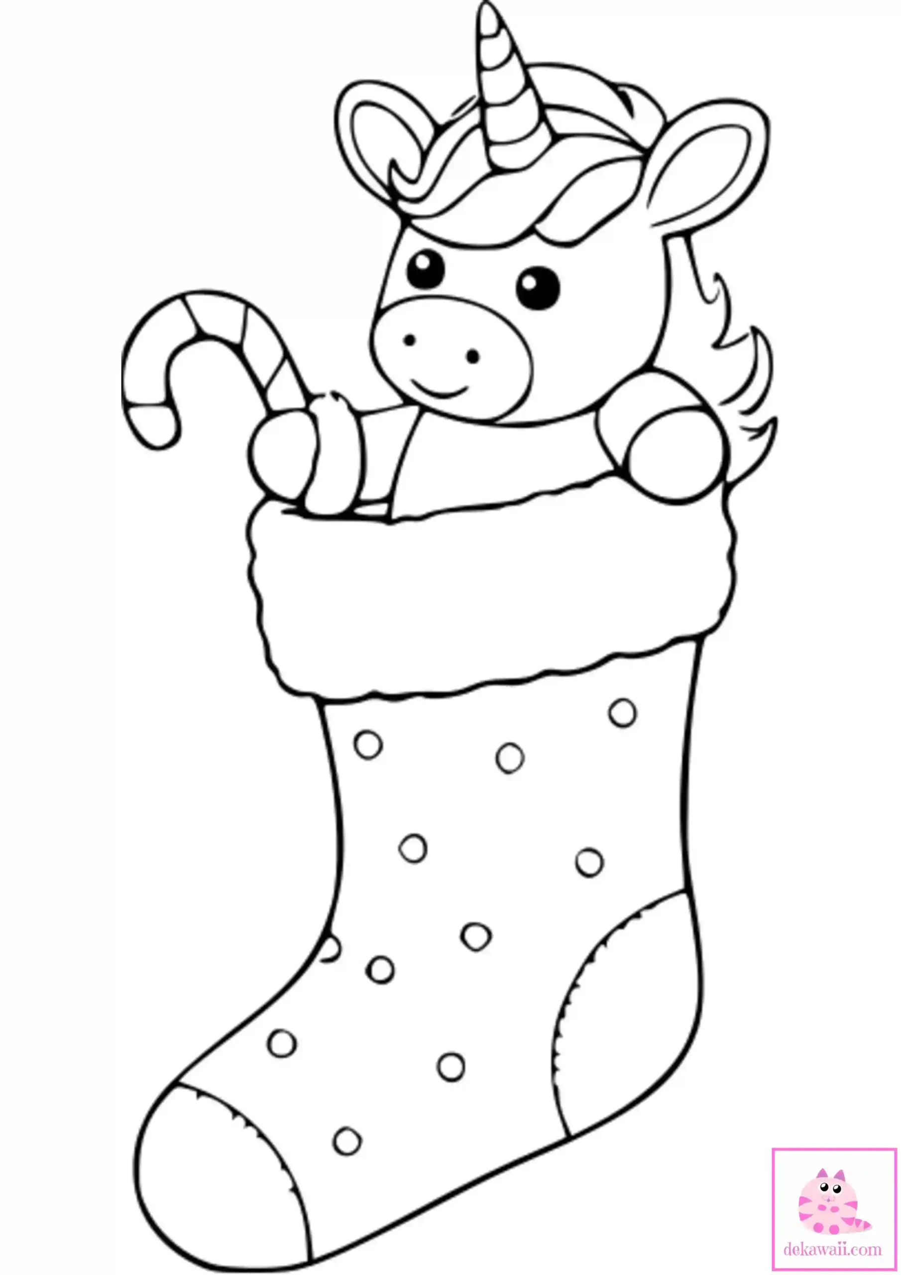 Dibujo de Navidad para colorear de unicornio Kawaii dentro de calcetín navidad