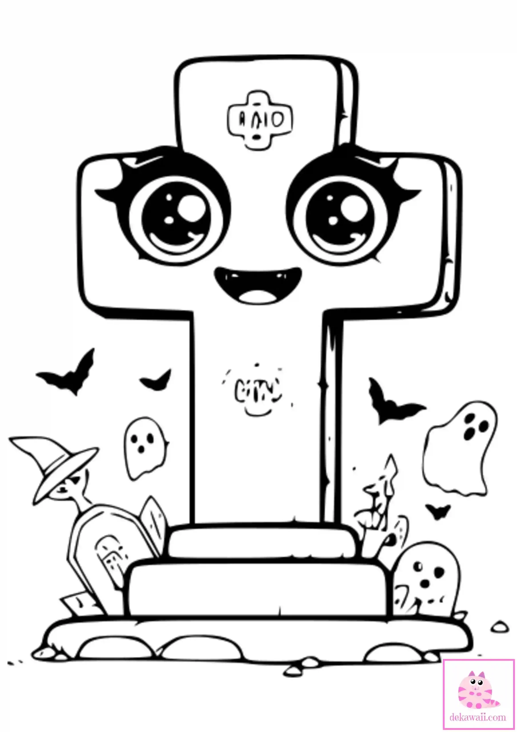 Dibujo kawaii Halloween para colorear cruz cementerio