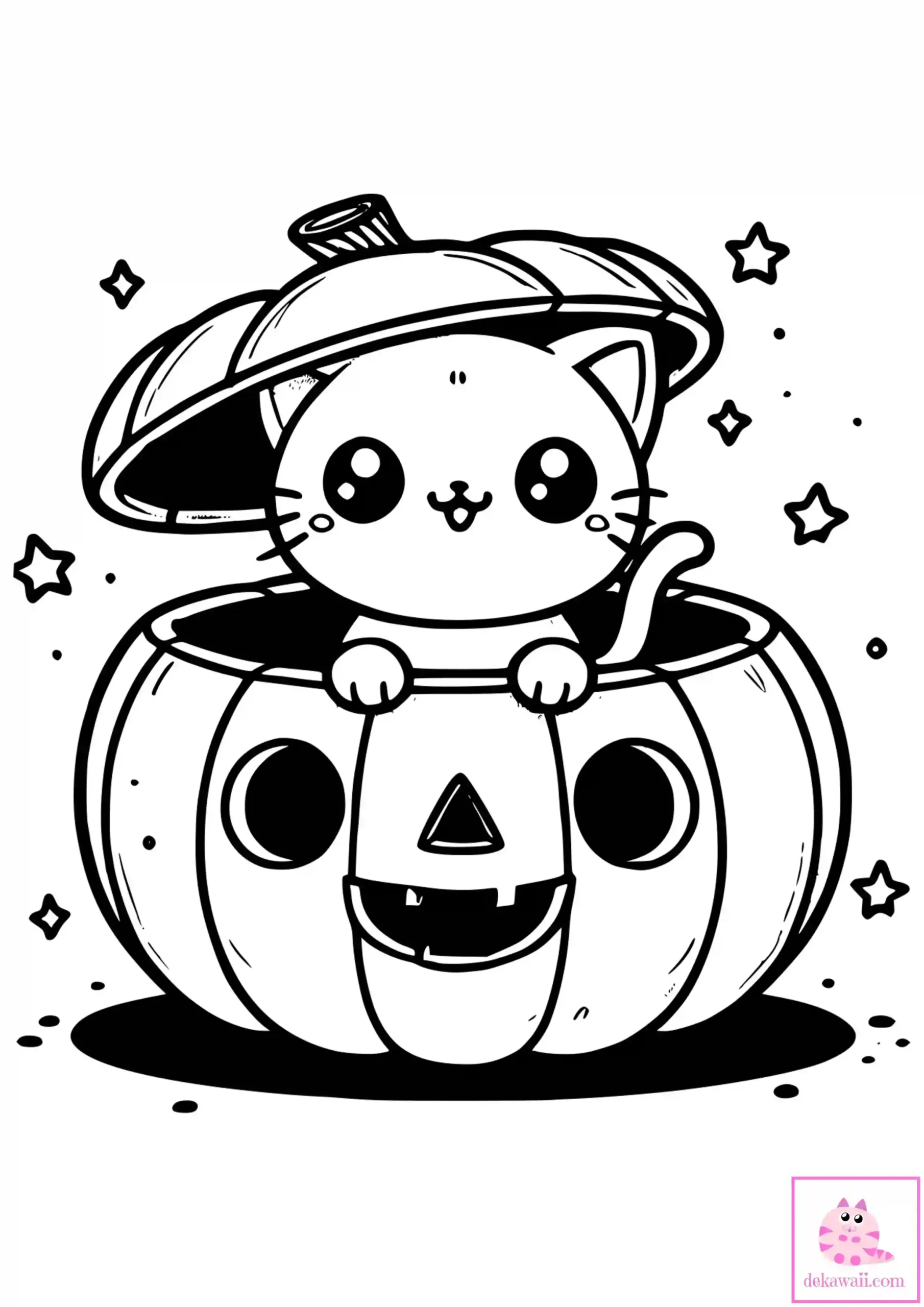 Dibujo Kawaii para colorear de calabaza Halloween con gatita en su interior