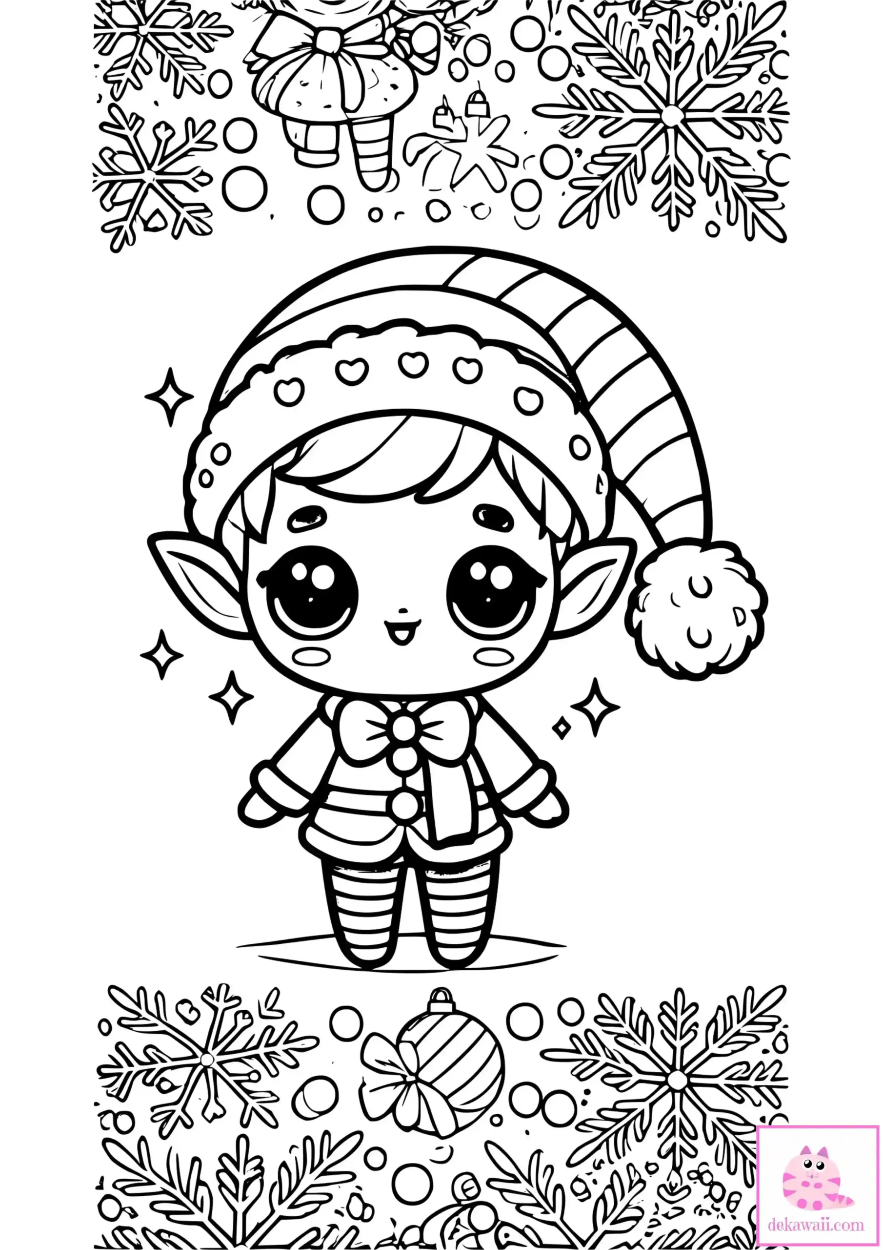 Dibujo kawaii para colorear de elfo de Navidad 3